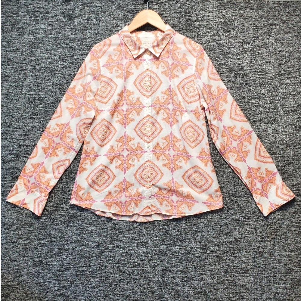 J Crew Medallion Paisley Perfect Shirt Women L Orange Pink Cotton Coastal Blouse